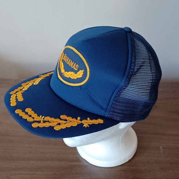 Vintage 1980s Made in Taiwan Bahamas Embroidered Blue Trucker Hat Snapback Cap - Picture 2 of 12